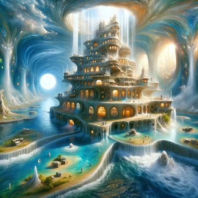 The primary subject of the image is a large, intricately designed building with many windows and towers. The building is situated in a picturesque setting, surrounded by a body of water and a beautiful landscape. The visual style of the image is digital art, with vibrant colors and a sense of depth and dimension. The overall atmosphere of the image is one of wonder and awe, as the viewer takes in the grandeur and beauty of the architectural marvel.